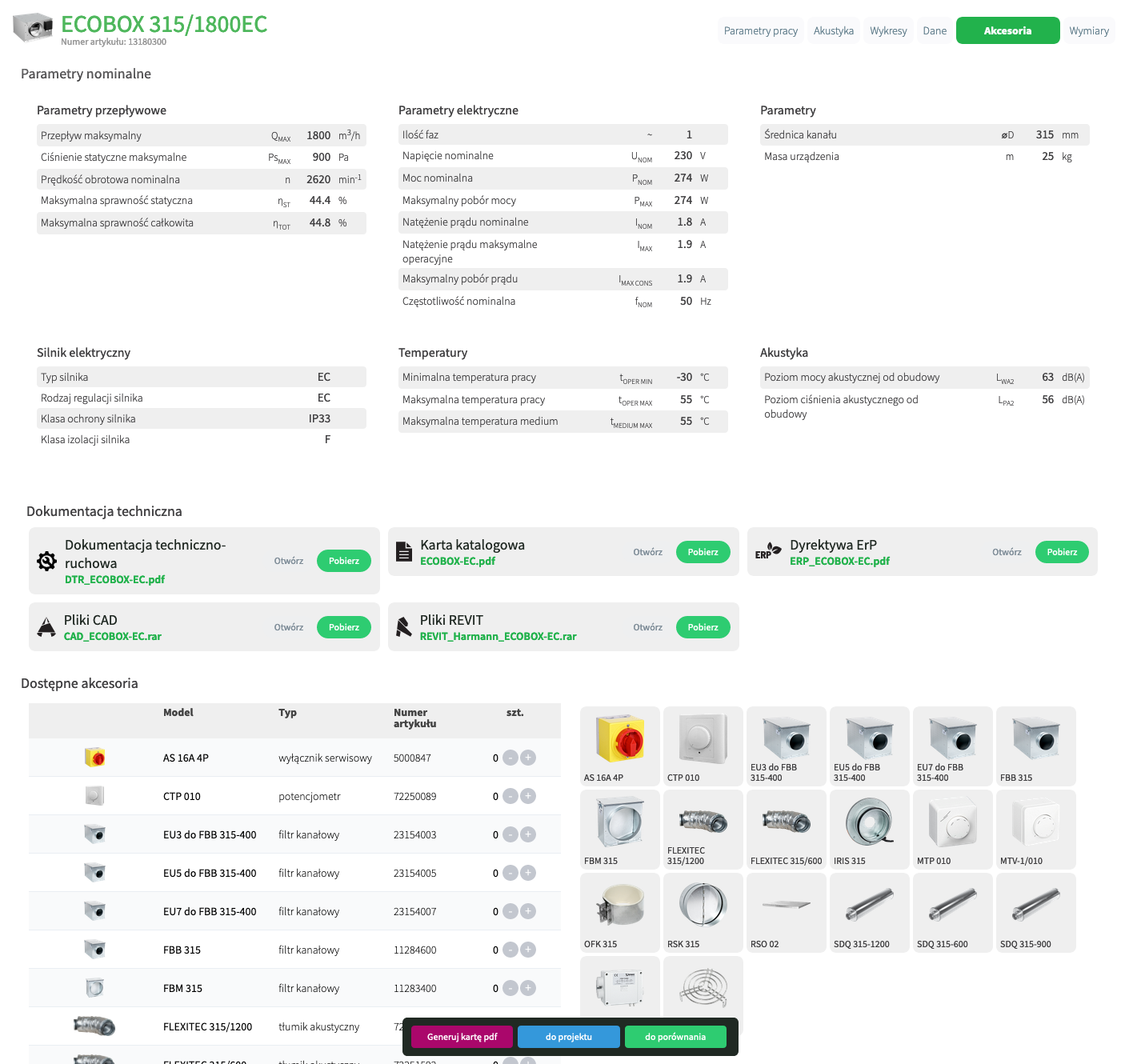 selectair — program doboru wentylatorów — produkt, nominal